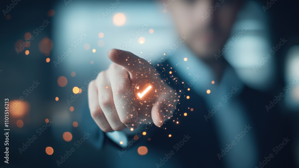 Poster businessman pointing at glowing check mark, symbolizing success and achievement in modern office env