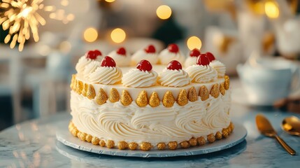 Festive Cream Cake with Cherry Toppings and Golden Details on a Stylish Table Setting