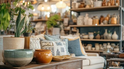 Rustic Home Decor with Plants, Pillows, and Pottery on a Wooden Table