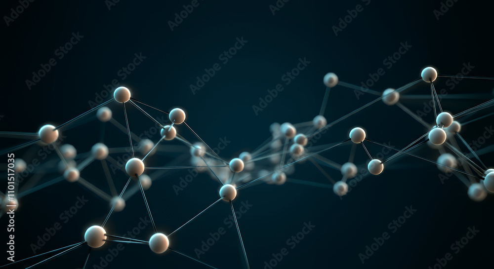 Poster abstract network connection: 3d rendering of interconnected nodes and lines, representing data, tech