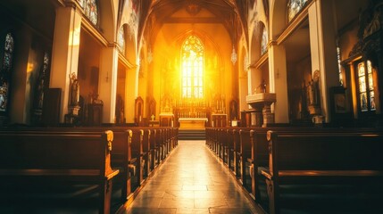 Fototapeta premium Sunlit Church Interior Showing Pews and Stained Glass