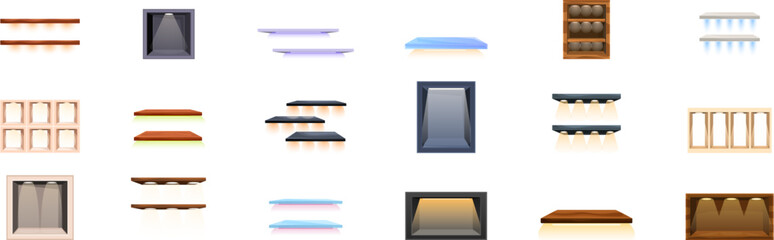 Shelves backlight icons set. Collection of various illuminated shelves and display cases showcasing diverse designs and functionalities for modern interiors