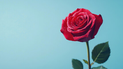 Fototapeta premium close up of romantic red rose with delicate water droplets, symbolizing love and beauty against soft blue background