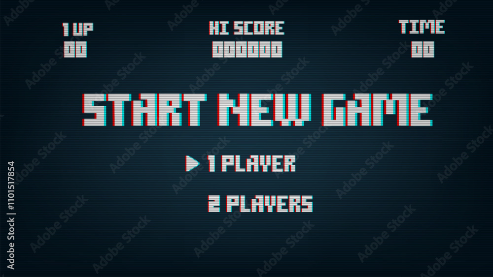 Poster pixel art phrase new game and start. retro game interface
