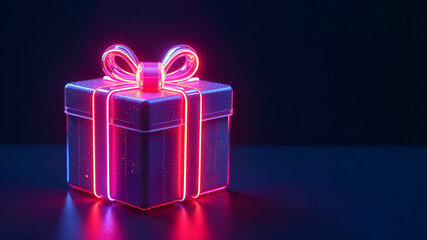 Neon gift on a dark blue background.