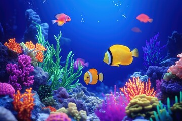 Colorful marine life swims in coral reef ecosystem. Fish in vibrant colors. Seabed landscape with corals, plants. Ocean scene. Exotic marine animals. Underwater paradise. Tropical aquatic