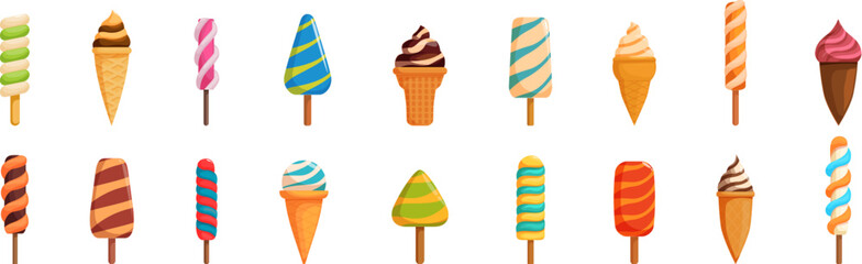 Spiral ice cream icons set. Delicious frozen treats offer a sweet escape from the summer heat, with various flavors and forms