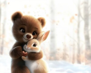 A cute bear hugs a bunny, holding a small heart, against the background of a winter forest with soft light.