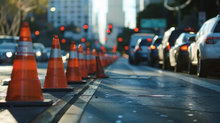 Lane Closure: A blocked lane, usually caused by roadwork or accidents, forcing drivers to merge and continue moving in fewer available lanes.
