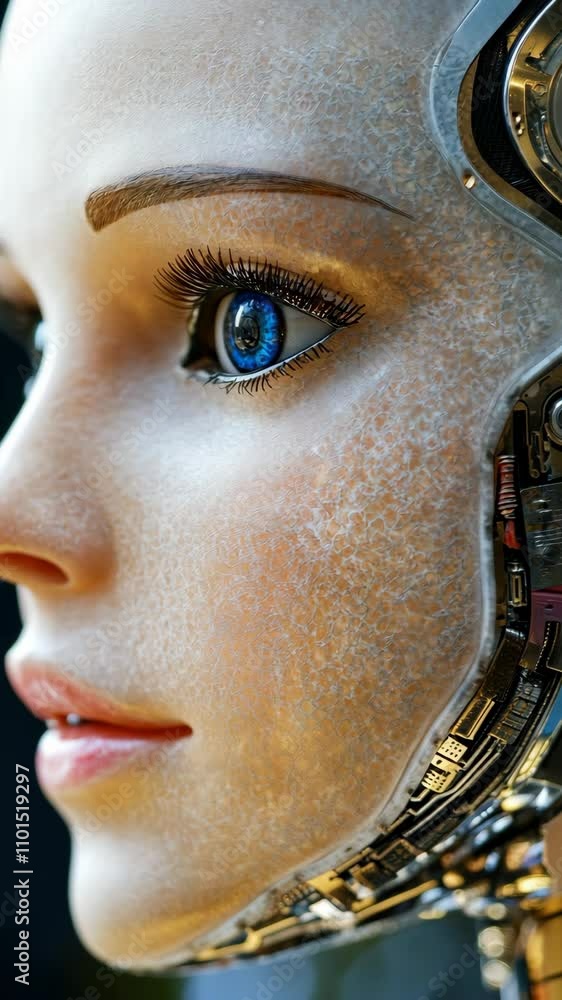Aufkleber realistic close-up of a robotic face highlighting artificial intelligence features and lifelike text