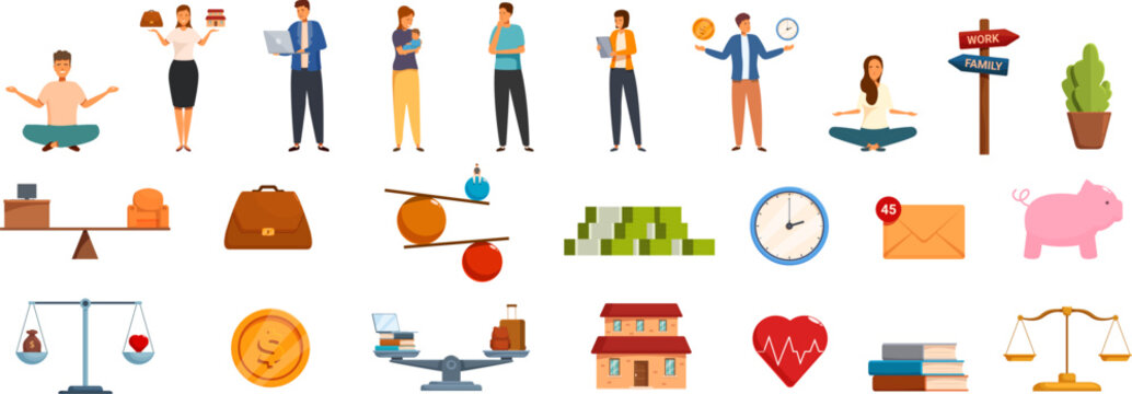 Work life balance icons set. People are balancing various aspects of their lives, including work, family, health, money, and personal time, striving for a harmonious equilibrium