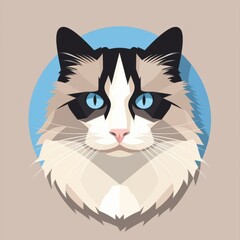 Obraz premium Illustrative Portrait of a Blue-Eyed Domestic Cat with Triangular Ears and Unique Color Patterns, Set Against a Soft Blue Background for Artistic and Creative Use