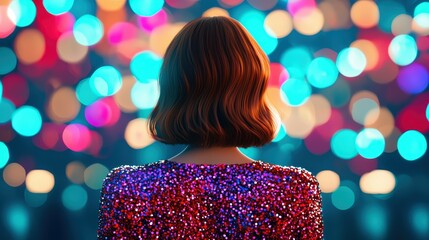 Woman with Short Hair in Sparkling Dress Against Colorful Bokeh Lights, Inspired by Festive Nights and Celebration Moments