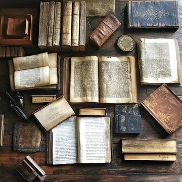 make me an evolution of print from scrolls to manuscripts to book bound pineted books , woodblocks, and digital books like kindle in one table in photo journalistic style