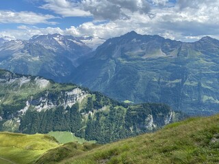 View of the Urner Alpen from the peaks above Lake Melchsee or Melch Lake in the Uri Alps mountain massif, Kerns - Canton of Obwald, Switzerland (Kanton Obwalden, Schweiz)