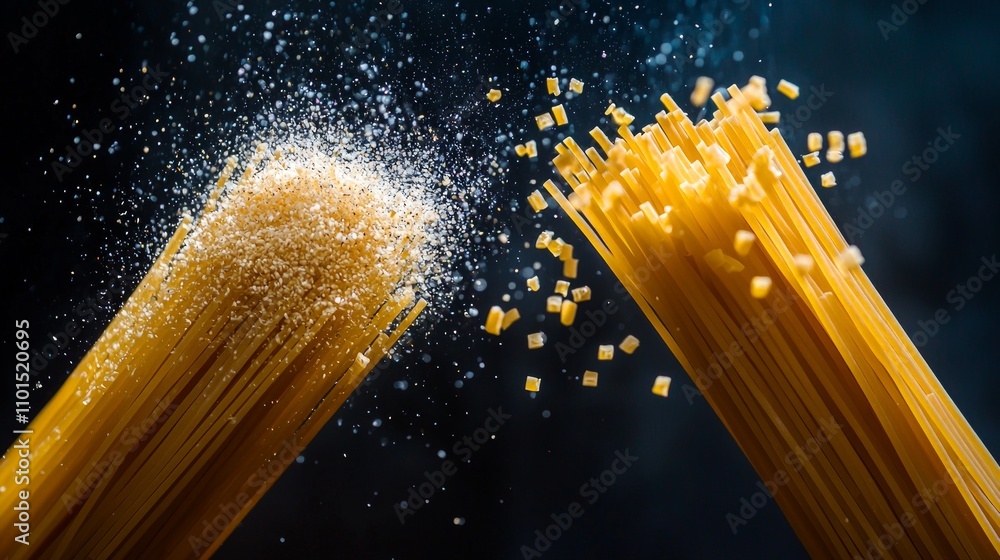Poster delicate strands spaghetti float mid air flour particles cascading them dark background highlighting