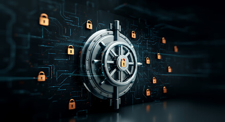 Secure Data Vault: Digital Fortress Concept with Cyber Security Locks and Circuit Board Background