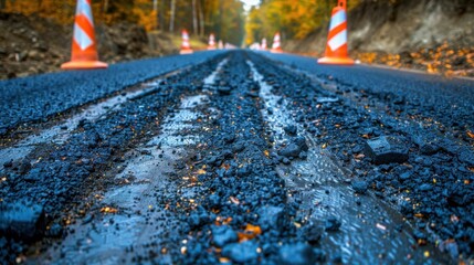 Obraz premium Construction Zone: A part of the road under construction, often causing congestion, detours, and slower movement due to ongoing building work. 