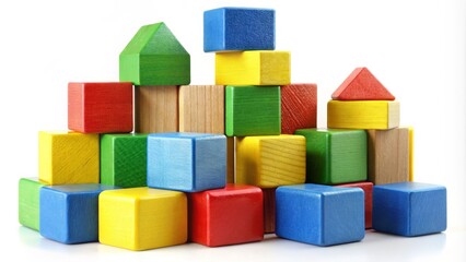 High-Quality Product Photography of Colorful Wooden Building Blocks Isolated on White Background for Educational Toys and Creative Play Ideas
