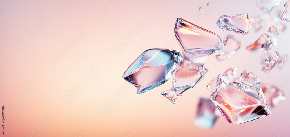 Poster stunning display of fragmented crystalline forms, showcasing sharp edges and blend of soft colors. l