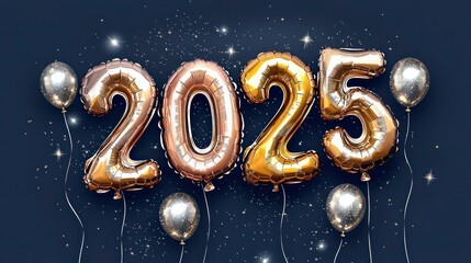 Gold and rose gold balloons spelling "2025" against a deep navy blue background, with silver highlights and soft shadows