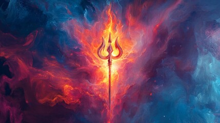 A Fiery Trident Rising From A Cosmic Nebula