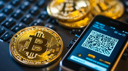Digital currency Bitcoin coins and mobile wallet on keyboard