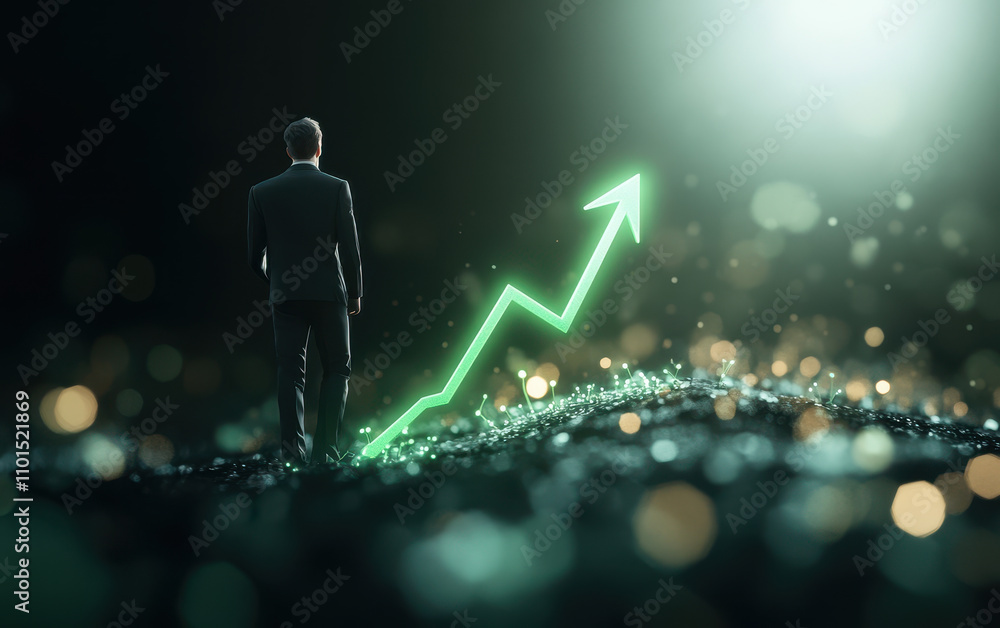 Poster businessman standing with glowing green arrow ascending, symbolizing growth and success in dynamic e