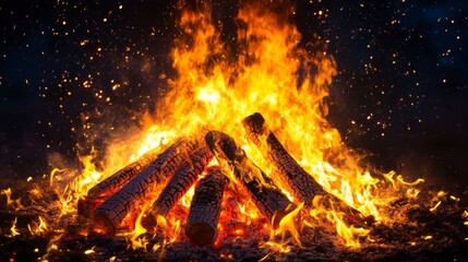 A Bright Bonfire with Flames and Sparks Against a Dark Night Sky