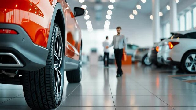 Close-up of an orange car in a bright dealership, showcasing modern design and gleaming surfaces, enticing potential buyers.