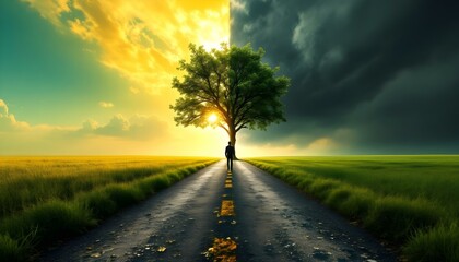 Man walking on a road with a tree in the middle, surrounded by contrasting sunny and stormy skies.