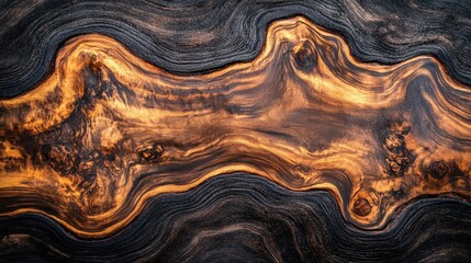 A beautifully textured piece of wood showcasing intricate patterns and rich tones of burnt orange and deep black, Ideal for interior design, woodworking projects, or artistic backgrounds,