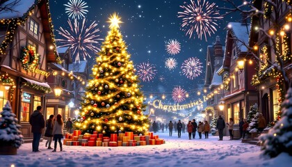 Christmas celebration with fireworks and decorated trees.
