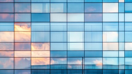 A Grid of Glass Windows Reflecting a Sunset Sky