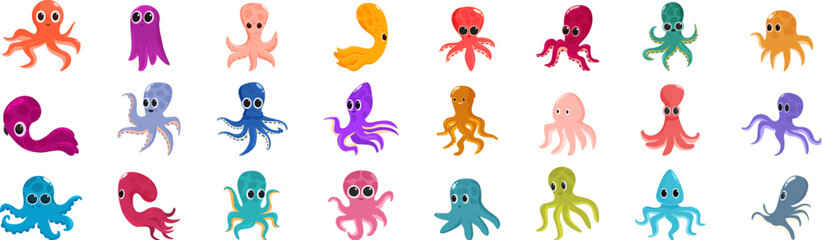 Cute childish octopus icons set. Cartoon octopuses in various colors and poses, creating a playful and vibrant underwater scene