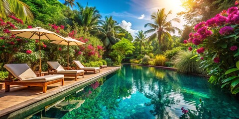 Luxurious Private Hotel Pool Surrounded by Tropical Landscaping and Inviting Lounge Chairs, Perfect for Relaxation and Serenity in a Secluded Getaway Oasis