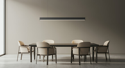 Fototapeta premium Modern Minimalist Dining Room Interior Design: Beige Chairs, Dark Table, and Sleek Pendant Light