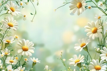 Fototapeta premium A serene floral background featuring vibrant daisies, perfect for adding a touch of nature to invitations, websites, or packaging designs, The soft focus enhances its versatility for spring themes,