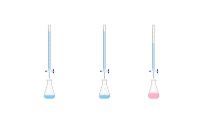 Titration procedure. Titrant in a burette and analyte in a conical flask. End point, indicator color change. Scientific experiment in the laboratory. Scientific vector illustration.
