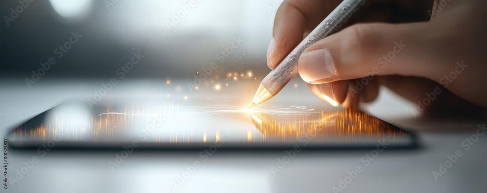 Poster hand sketching innovative diagrams on digital tablet, showcasing creativity and technology. glowing 