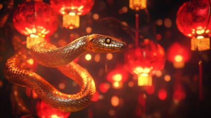Fototapeta premium A Golden Snake Among Red Lanterns