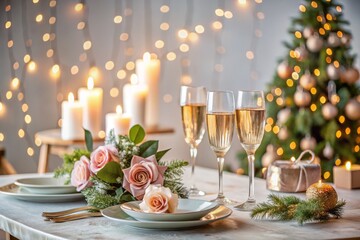 Minimalist Christmas and New Year Celebration Table with Rose Champagne, Elegant Decor, and Festive Atmosphere for Memorable Gatherings and Joyful Moments