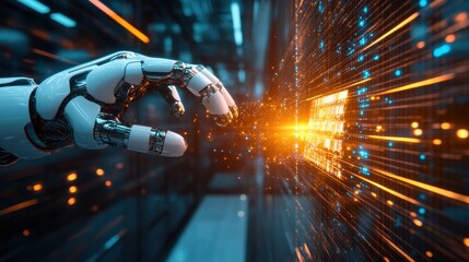 Futuristic Robotic Hand Reaching Towards Data Stream with Bright Lights in a High-Tech Server Room, Showcasing Advanced Technology and Artificial Intelligence Concepts