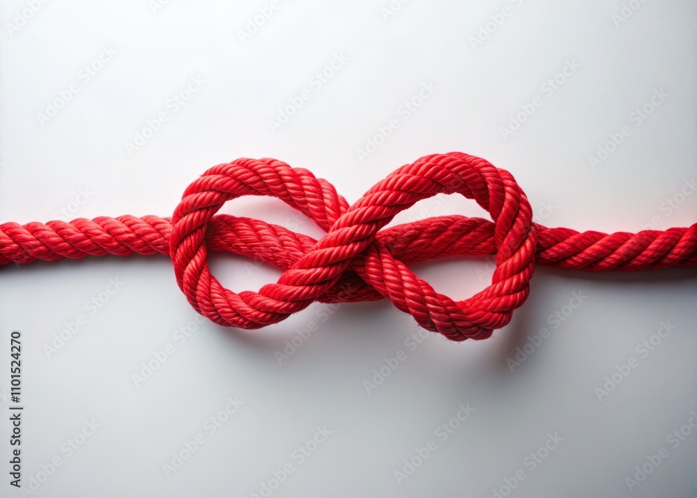 Sticker Minimalist Photography of a Figure of Eight Knot Tied in Red Rope on a Smooth White Surface, Highlighting the Intricate Design and Texture with Soft Natural Lighting