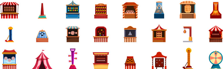 Carnival game icons set. Collection of colorful carnival games and attractions, providing amusement and excitement for visitors of all ages © nsit0108