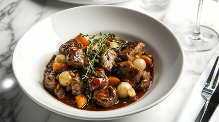 Classic French Beef Bourguignon with Pearl Onions and Fresh Herbs, Professional Comfort Food Photography