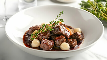 Classic French Beef Bourguignon with Pearl Onions and Fresh Herbs, Professional Comfort Food Photography