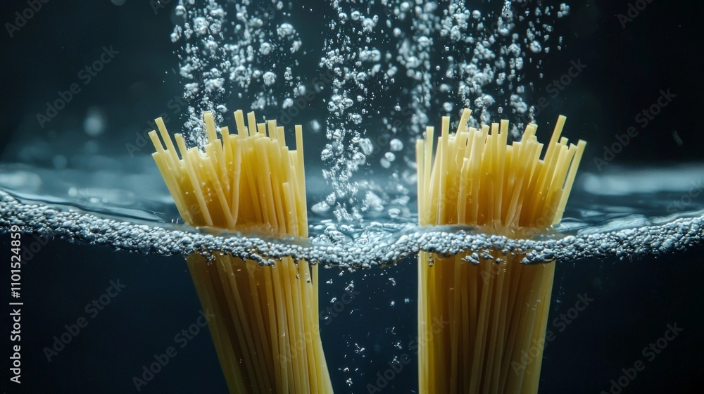 Poster spaghetti pasta strands float separately water surrounded dynamic bubbles highlighting their slender