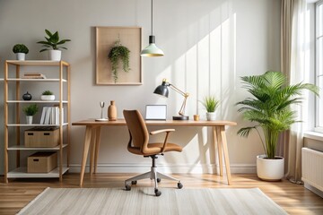Minimalist Working Space in Flat Style Featuring Clean Lines, Neutral Colors, and Functional Furniture for a Productive Home Office Environment