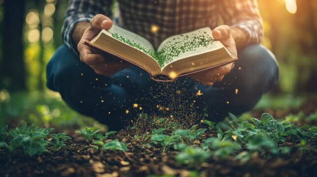 Hands Holding an Open Book Releasing Green Leaves and Sparkles, Symbolizing Growth, Knowledge, and Nature's Connection in a Sunlit Forest Setting - Powered by Adobe